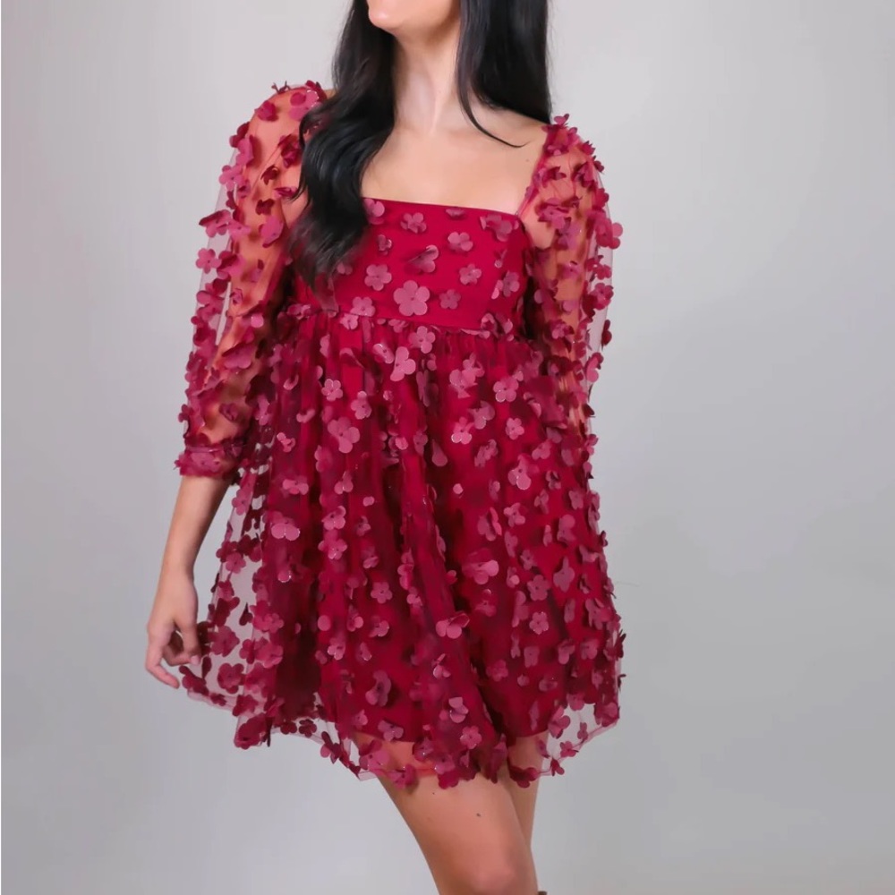 Maroon 3D Floral Babydoll Dress